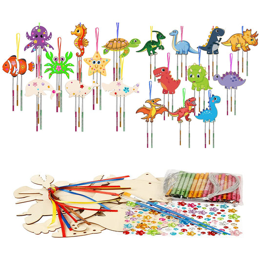 Wind Chimes Kit,Arts and Crafts,Wooden Crafts Kit for Kids Ages 8-12,Dinosaur and Sea Creature,Artistic Creation for Boys and Girls,19 Pcs