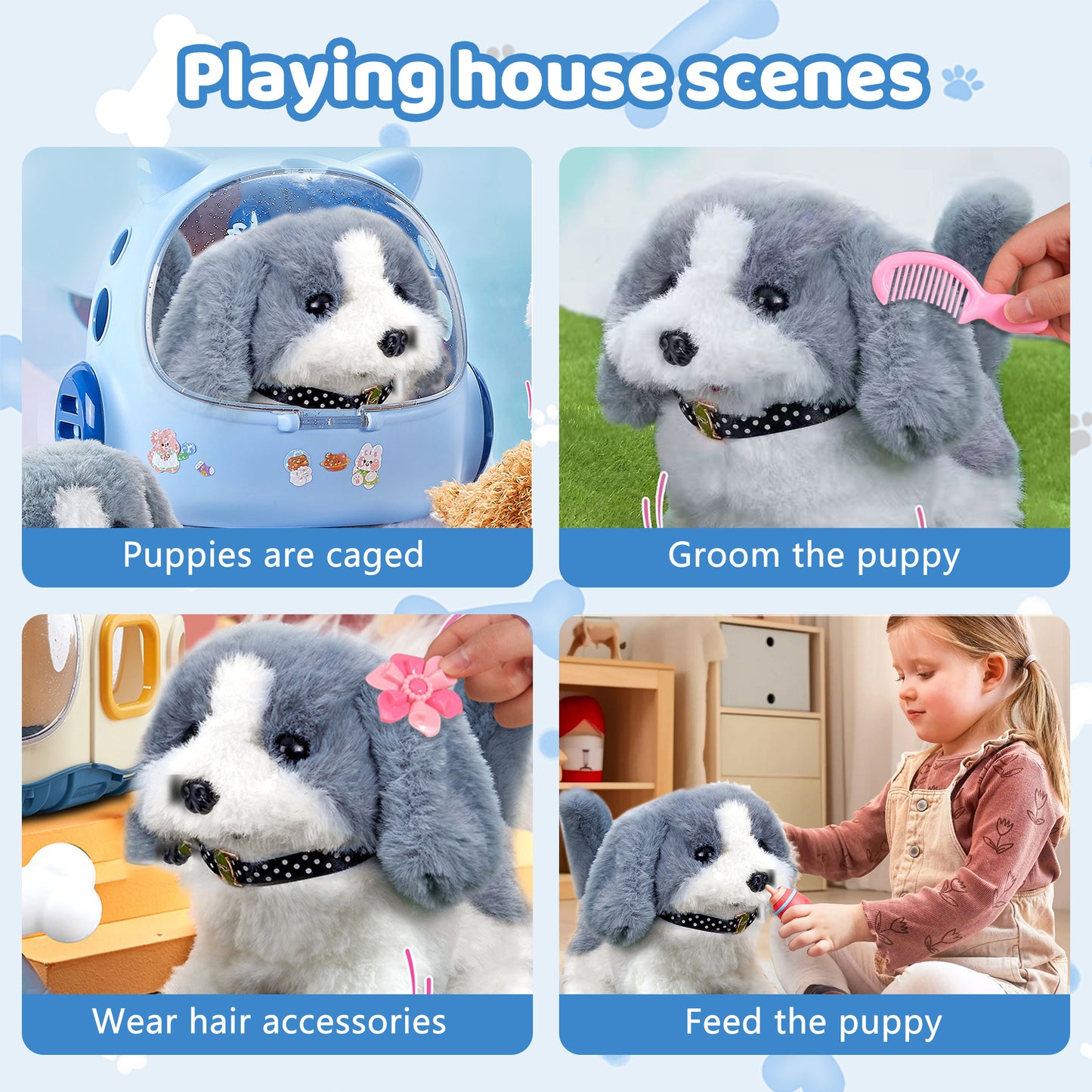 12 Pcs Walking Puppy Toy for Kids,Toy Dog That Walks and Barks,Grey and White Teddy dog,Best Plush Dog Toy Gifts for Kids 3 4 5 6+ Year Old