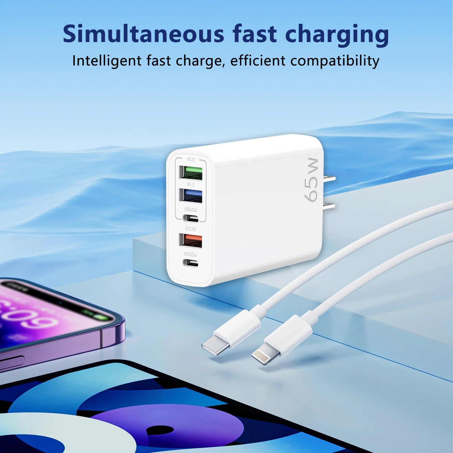 USB C Wall Charger,65W Fast Charger 2 Pcs,6 Port Power Adapter,Suitable for Multi-model Mobile Phones,Tablets,Computers