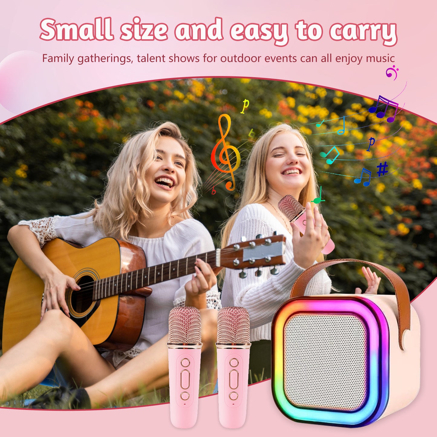 Kids Karaoke Machine,Portable Karaoke Machine with 2 Wireless Microphone,LED Light Music Party Gifts for Girls and Boys 6-10 Year Old,Pink