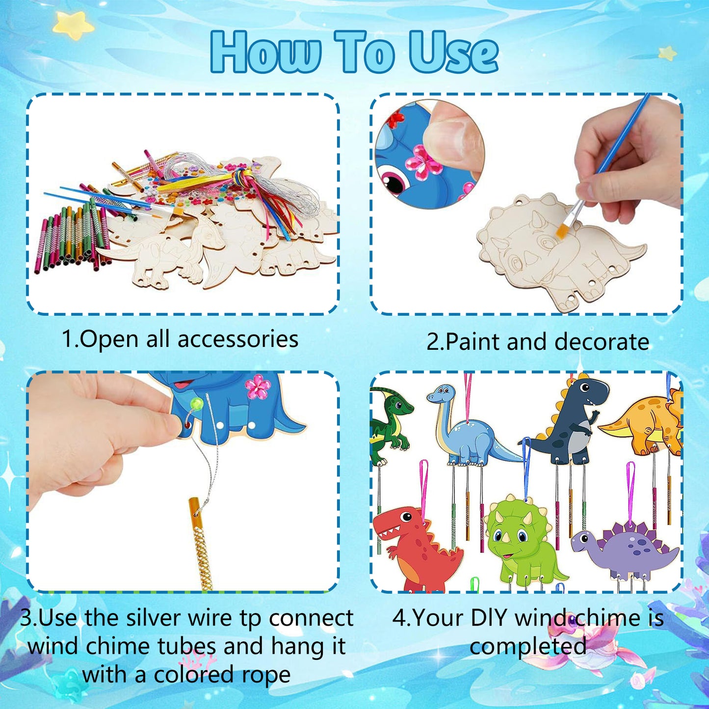 DIY Wind Chimes,Wooden Dinosaurs and Sea Creatures 19 Pcs,Crafts for Kids Ages 8-12,Make and Doodle Your Own Wind Chimes,Craft Gifts for Boys and Girls
